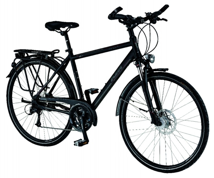 KTM Avenza 27 Disc Fahrrad in Seitenansicht vor weißem Hintergrund.