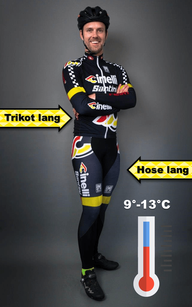 Rennradfahrer mit langem Trikot und langer Radhose für Temperaturen von 9 bis 13 °C.