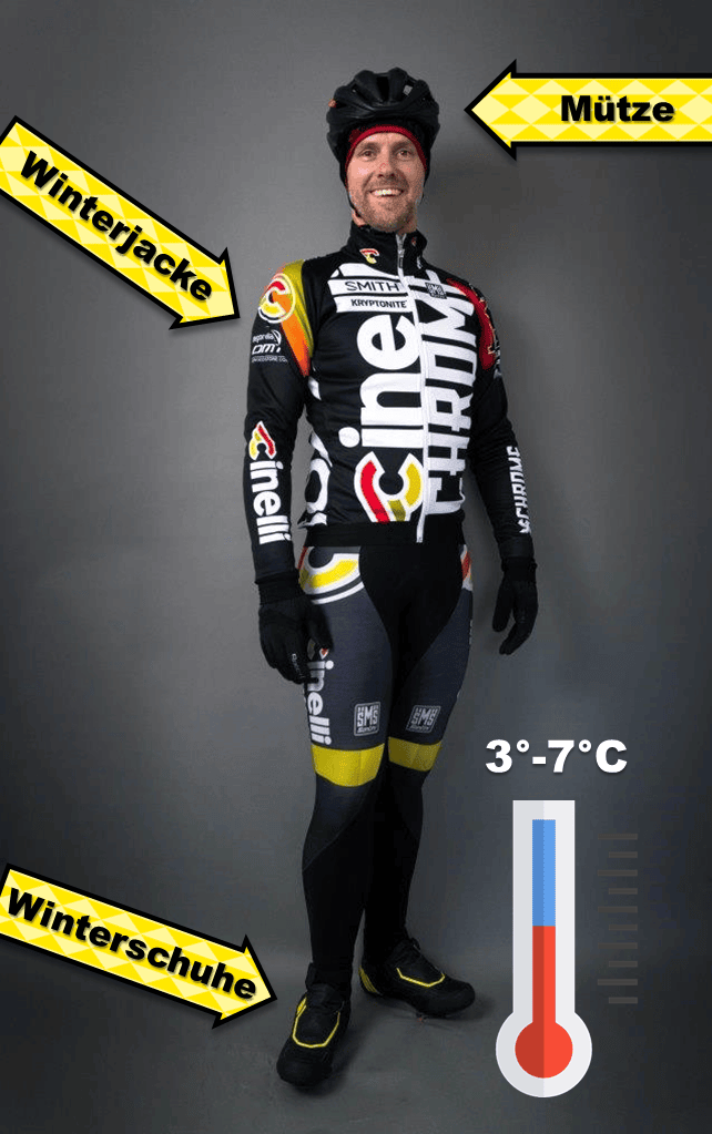 Rennradfahrer mit Winterjacke, Mütze, Handschuhen und Winterschuhen für Temperaturen von 3 bis 7 °C.