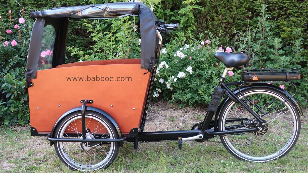 Babboe Big-E-Lastenrad in Seitenansicht vor grüner Kulisse.
