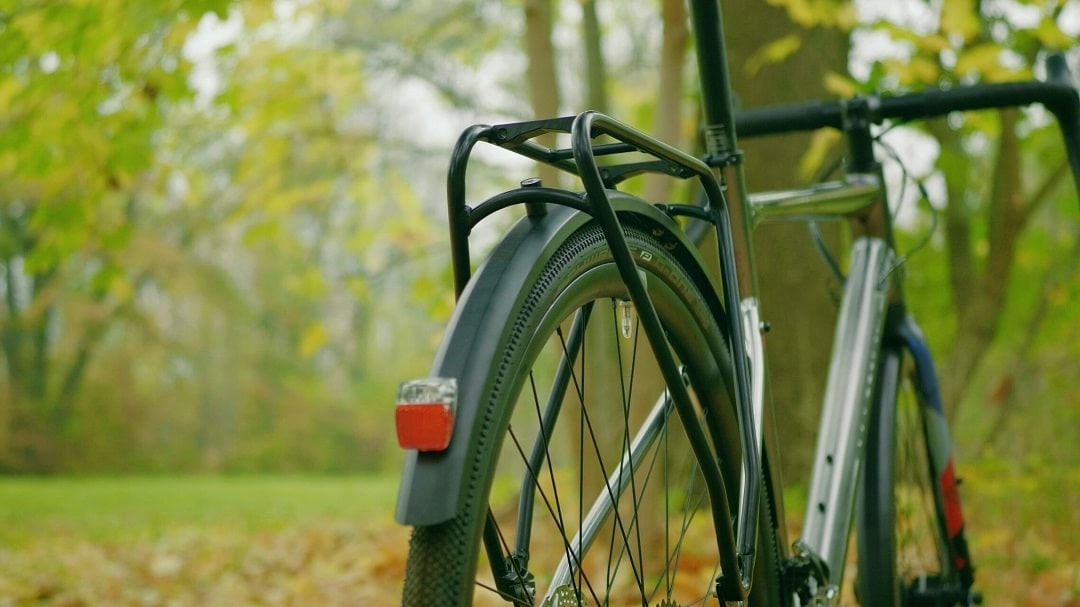 Bergamont Grandurance RD 3 Gravelbike mit Schutzblechen und Gepäckträger im herbstlichen Wald.
