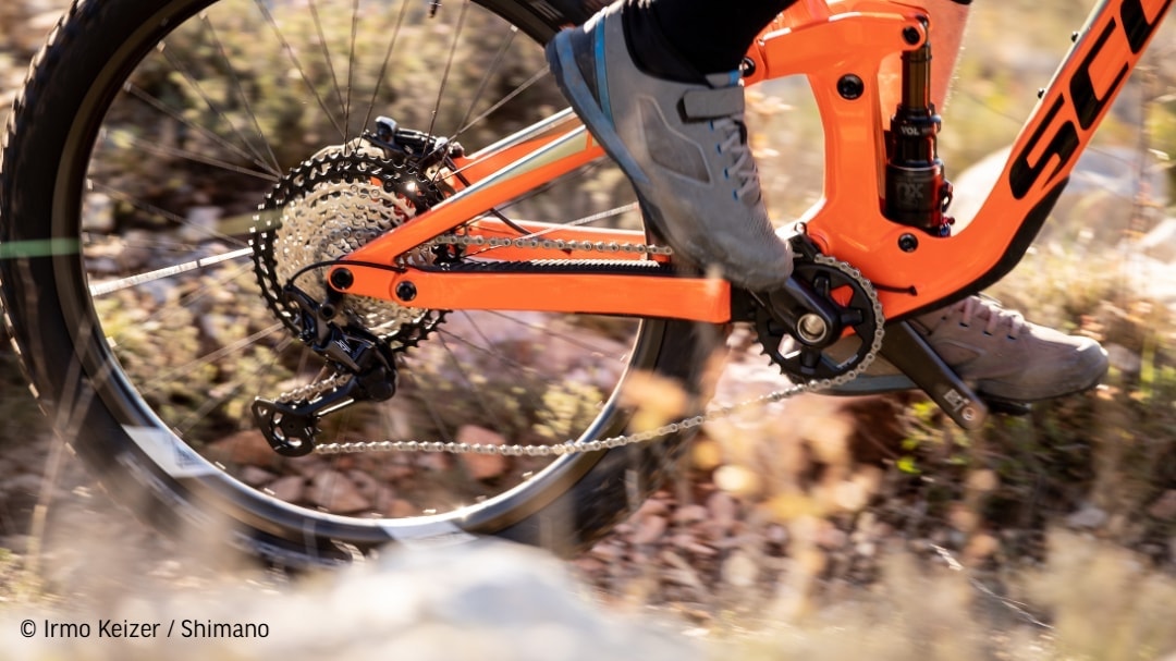 Nahaufnahme des Antriebs eines Mountainbikes mit Kassette, Kette und Schaltwerk während der Fahrt auf einem Trail.