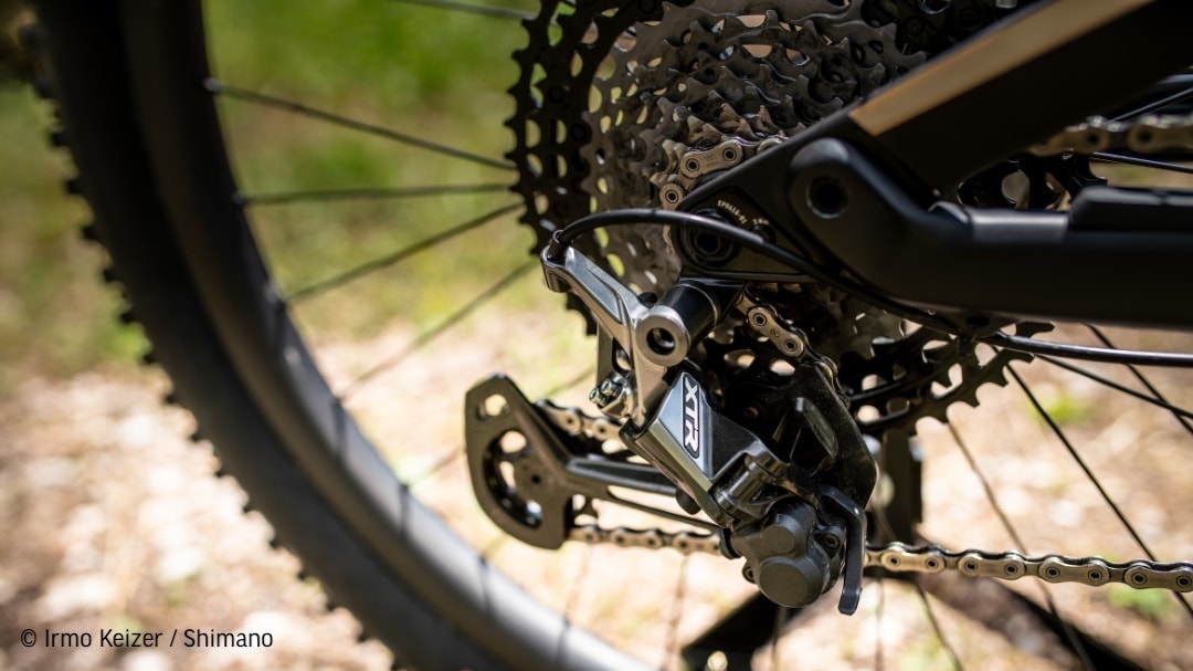 Nahaufnahme eines Shimano XTR Schaltwerks mit Kassette und Kette am Hinterrad eines Mountainbikes.