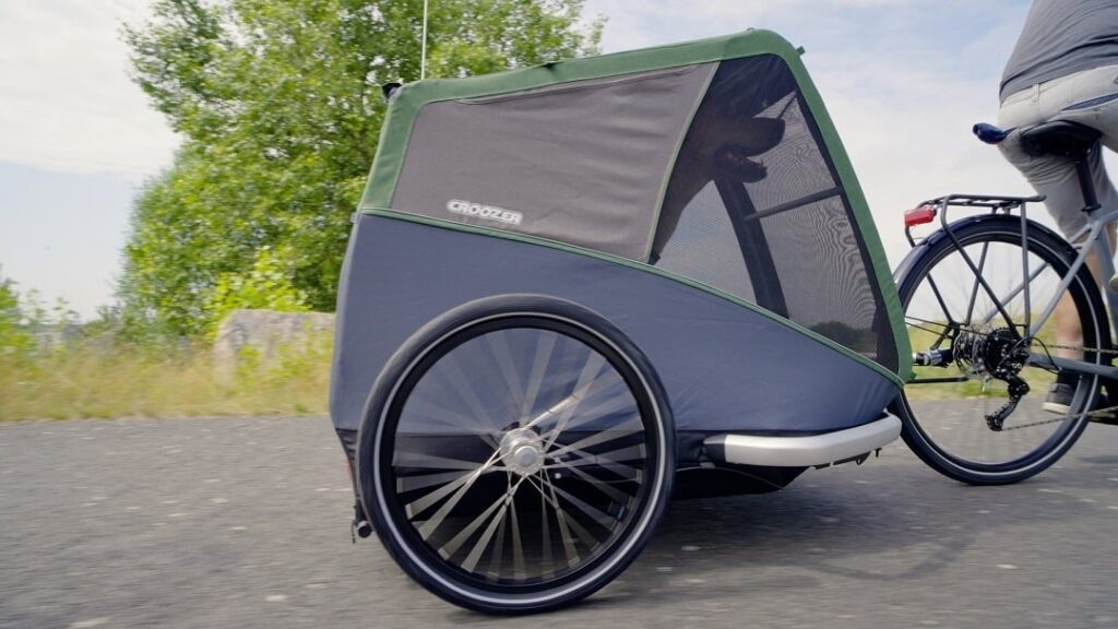 Hund sitzt in einem Croozer Dog Fahrradanhänger während der Fahrt.