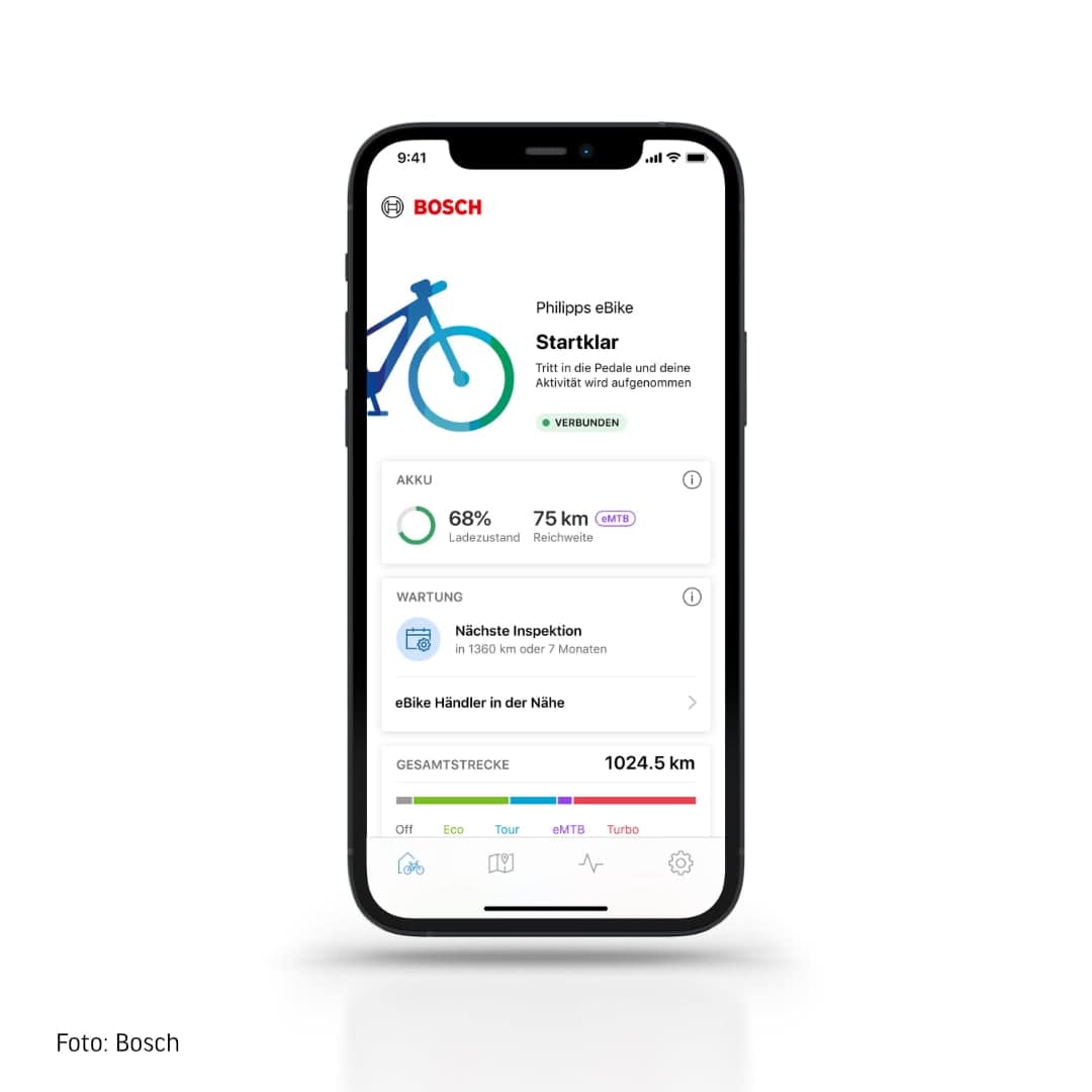 Nahaufnahme eines Smartphones mit geöffneter Bosch eBike Flow App.