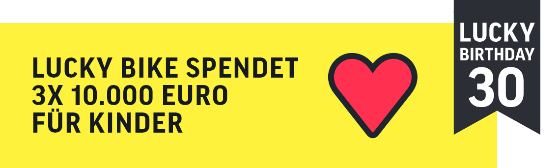 Grafik zum 30. Geburtstag von Lucky Bike mit Herz und Hinweis auf drei Spenden über jeweils 10.000 Euro für Kinder.