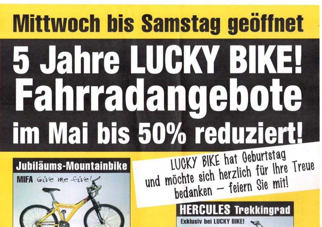 Historische Lucky Bike Jubiläumsanzeige zum fünfjährigen Bestehen mit Fahrradangeboten und reduzierten Preisen.