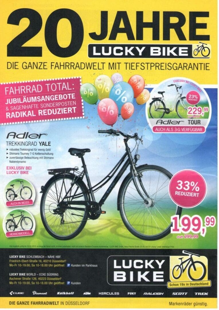 Historische Lucky Bike Jubiläumsanzeige zu 20 Jahren mit Fahrradangeboten und reduzierten Preisen.