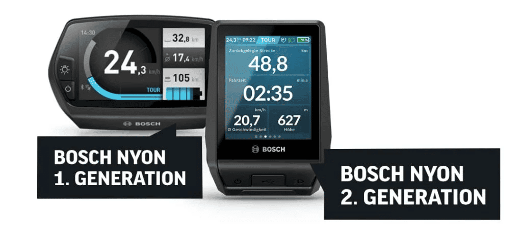 Vergleichsbild erste versus zweite Generation des Bosch E-Bike-Displays Nyon