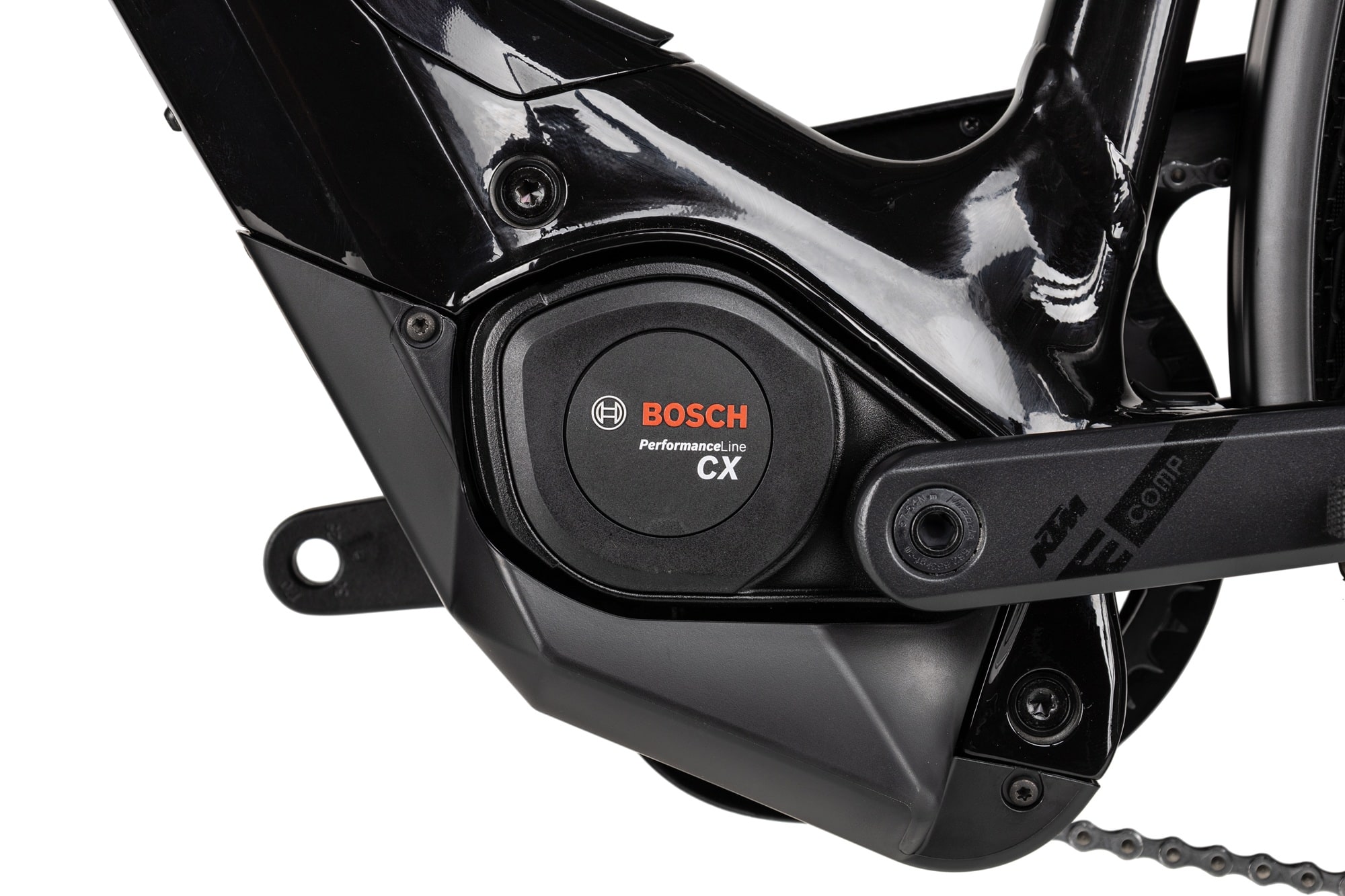 Nahaufnahme des Bosch Motors am KTM MAcina Magic Pro DI2, Pedale fehlen hier an der Kurbel.