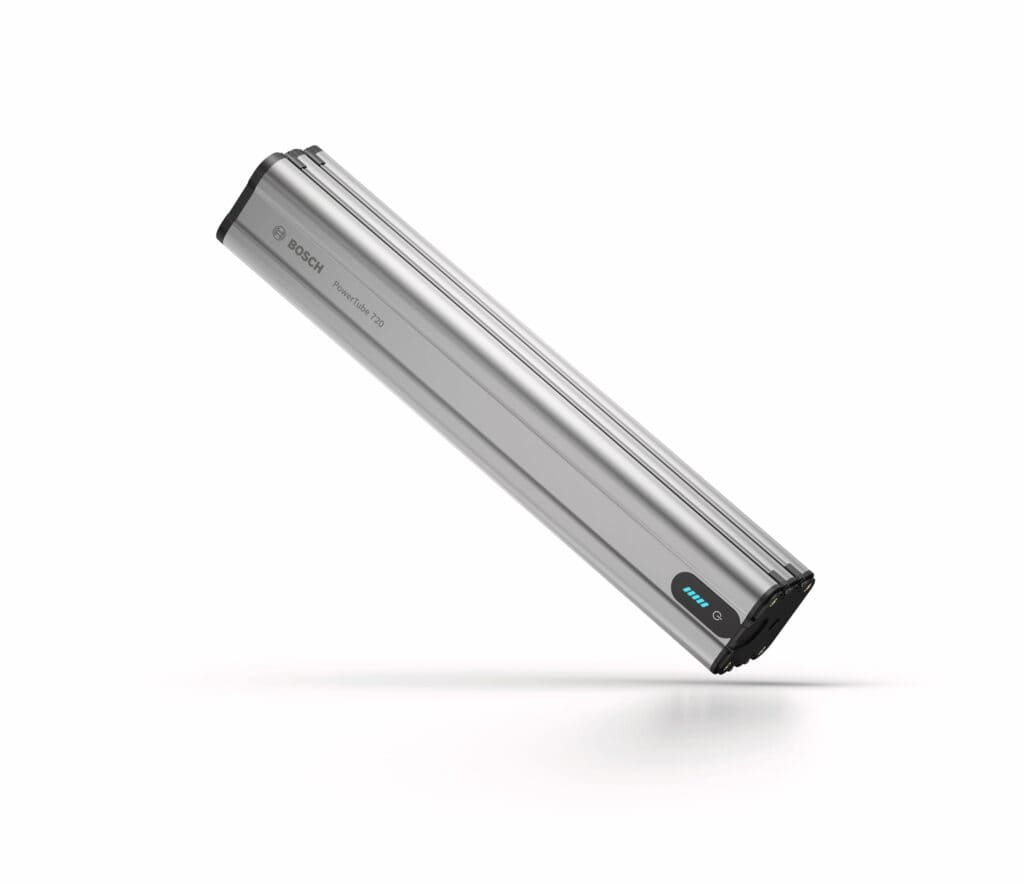 Der neue Bosch PowerTube 720 Akku in einer einfachen Ansicht vor weißem Hintergrund